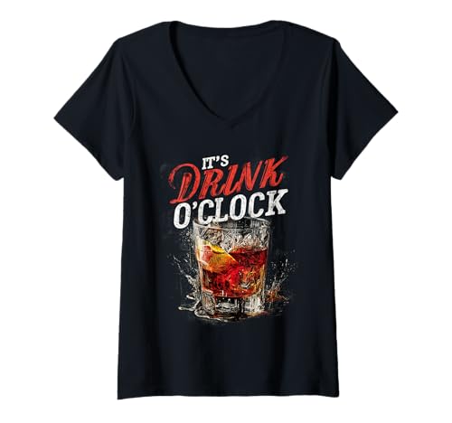Damen It’s Drink O’Clock Trink & Party T-Shirt mit V-Ausschnitt von SCHONWIEDER & DICHT Lustige Outfits