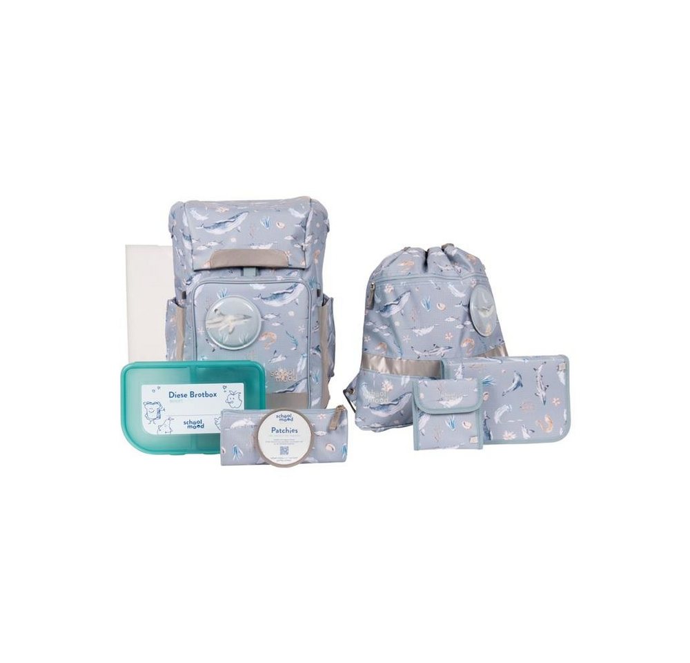 SCHOOL-MOOD® Schulranzen Rebel Air+ Aqua Nordic Collection (Set, 8-tlg., inkl. Turnbeutel, Etui, Schlamperrolle, Brustbeutel, Brotdose, Patchy-Set (3-tlg), Grau, leichter Ranzen für Grundschule von SCHOOL-MOOD®