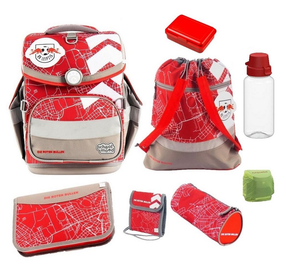 SCHOOL-MOOD® Schulranzen Timeless Air+ für Jungen von der 1. bis 4. Klasse (Set, 9-tlg), im Red Bull Leipzig Stil mit Dose, Flasche und Patchies von SCHOOL-MOOD®