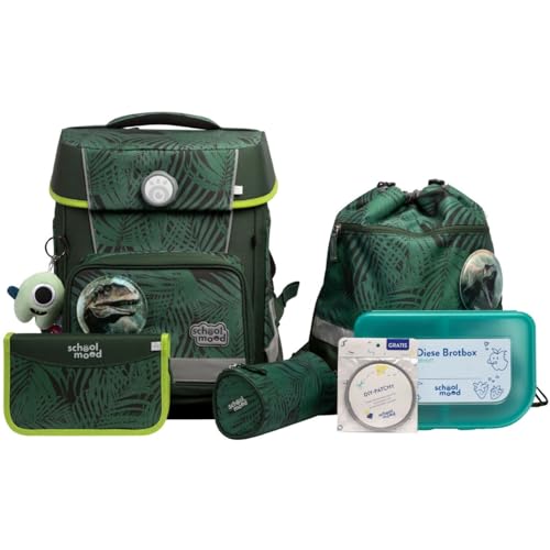 SCHOOL-MOOD Champion Maxx Pro Schulranzenset 7-teilig 22L Stauraum, ergonomisches Grow with You System für 1 m bis 1,50 m Körpergröße, wasserdichter Stoff mit Reflektoren (Daniel Dinosaurier) von SCHOOL-MOOD