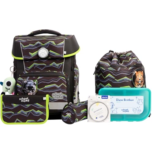 SCHOOL-MOOD Champion Maxx Pro Schulranzenset 7-teilig 22L Stauraum, ergonomisches Grow with You System für 1 m bis 1,50 m Körpergröße, wasserdichter Stoff mit Reflektoren (Finn Panther) von SCHOOL-MOOD