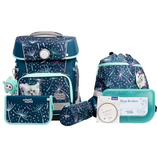SCHOOL-MOOD Champion Maxx Pro Schulranzenset 7-teilig 22L Stauraum, ergonomisches Grow with You System für 1 m bis 1,50 m Körpergröße, wasserdichter Stoff mit Reflektoren (Lina Kätzchen) von SCHOOL-MOOD