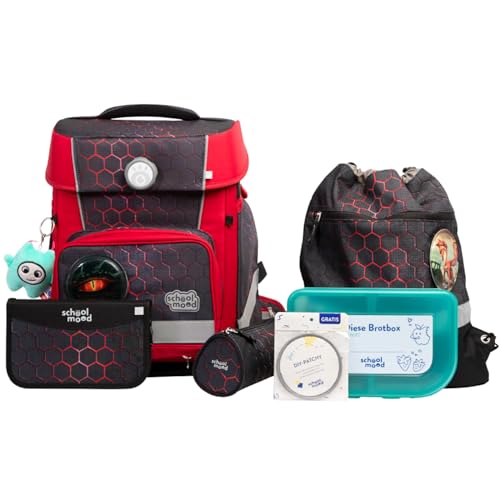 SCHOOL-MOOD Champion Maxx Pro Schulranzenset 7-teilig 22L Stauraum, ergonomisches Grow with You System für 1 m bis 1,50 m Körpergröße, wasserdichter Stoff mit Reflektoren (Mika Drache) von SCHOOL-MOOD