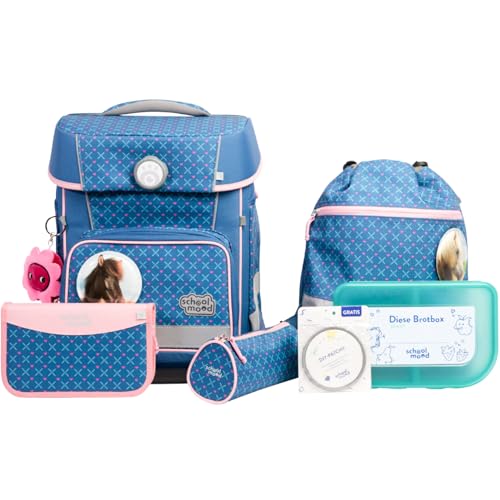 SCHOOL-MOOD Champion Maxx Pro Schulranzenset 7-teilig 22L Stauraum, ergonomisches Grow with You System für 1 m bis 1,50 m Körpergröße, wasserdichter Stoff mit Reflektoren (Mila Pferd) von SCHOOL-MOOD