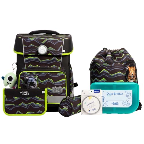 SCHOOL-MOOD Champion Pro Finn Panther Schulranzenset 7-teilig 21,5L Stauraum, ergonomisches Easy Fit System für 1 m bis 1,50 m Körpergröße, standfest, wasserabweisender Stoff mit Reflektoren von SCHOOL-MOOD