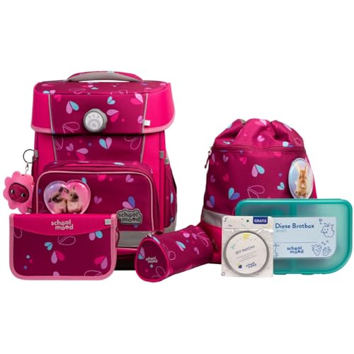 SCHOOL-MOOD Champion Pro Klara Häschen Schulranzenset 7-teilig 21,5L Stauraum, ergonomisches Easy Fit System für 1 m bis 1,50 m Körpergröße, standfest, wasserabweisender Stoff mit Reflektoren von SCHOOL-MOOD