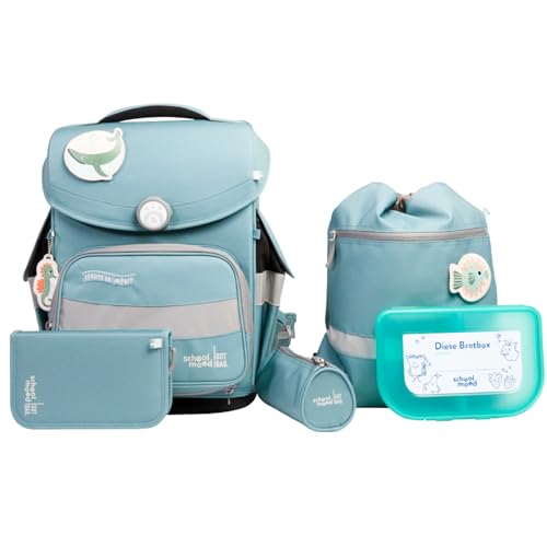 SCHOOL-MOOD Timeless Pro Schulranzenset 7-teilig 23,5L Stauraum, ergonomisches Easy Fit System für 1 m bis 1,50 m Körpergröße, standfest, wasserdichter Stoff mit Reflektoren (Delfin Ocean Collection) SCHOOL-MOOD Timeless Pro Schulranzenset 7-teilig 23,5L Stauraum, ergonomisches Easy Fit System für 1 m bis 1,50 m Körpergröße, standfest, wasserdichter Stoff mit Reflektoren (Delfin Ocean Collection) von SCHOOL-MOOD