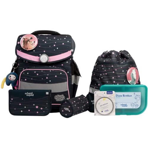 SCHOOL-MOOD Timeless Pro Schulranzenset 7-teilig 23,5L Stauraum, ergonomisches Easy Fit System für 1 m bis 1,50 m Körpergröße, standfest, wasserdichter Stoff mit Reflektoren (Ella Pferd) von SCHOOL-MOOD