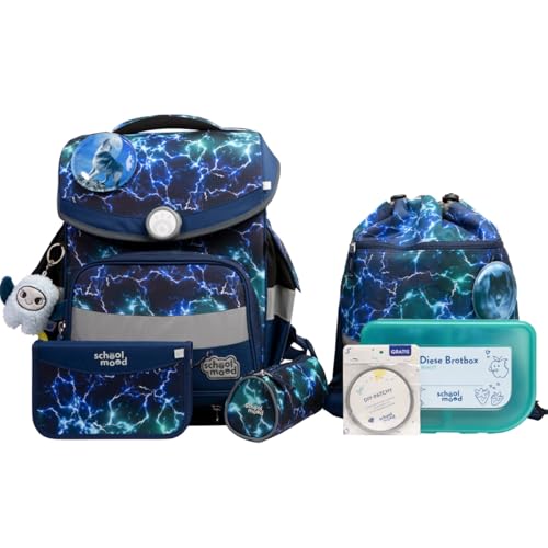 SCHOOL-MOOD Timeless Pro Schulranzenset 7-teilig 23,5L Stauraum, ergonomisches Easy Fit System für 1 m bis 1,50 m Körpergröße, standfest, wasserdichter Stoff mit Reflektoren (Felix Wolf) von SCHOOL-MOOD