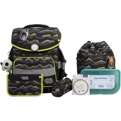 SCHOOL-MOOD Timeless Pro Schulranzenset 7-teilig 23,5L Stauraum, ergonomisches Easy Fit System für 1 m bis 1,50 m Körpergröße, standfest, wasserdichter Stoff mit Reflektoren (Finn Panther) von SCHOOL-MOOD
