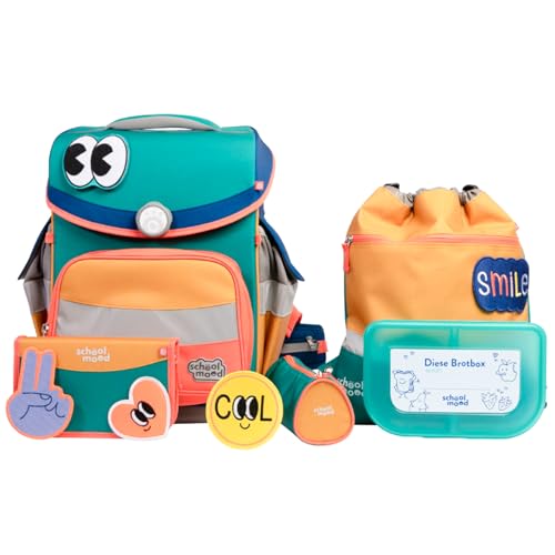 SCHOOL-MOOD Timeless Pro Schulranzenset 7-teilig 23,5L Stauraum, ergonomisches Easy Fit System für 1 m bis 1,50 m Körpergröße, standfest, wasserdichter Stoff mit Reflektoren (Happy Emerald) von SCHOOL-MOOD