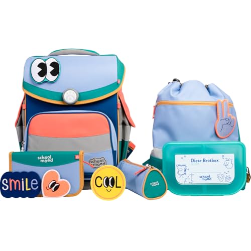 SCHOOL-MOOD Timeless Pro Schulranzenset 7-teilig 23,5L Stauraum, ergonomisches Easy Fit System für 1 m bis 1,50 m Körpergröße, standfest, wasserdichter Stoff mit Reflektoren (Happy Sapphire) von SCHOOL-MOOD