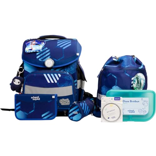 SCHOOL-MOOD Timeless Pro Schulranzenset 7-teilig 23,5L Stauraum, ergonomisches Easy Fit System für 1 m bis 1,50 m Körpergröße, standfest, wasserdichter Stoff mit Reflektoren (Jonas Fußball) von SCHOOL-MOOD