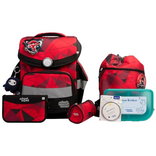 SCHOOL-MOOD Timeless Pro Schulranzenset 7-teilig 23,5L Stauraum, ergonomisches Easy Fit System für 1 m bis 1,50 m Körpergröße, standfest, wasserdichter Stoff mit Reflektoren (Kai Ninja) von SCHOOL-MOOD