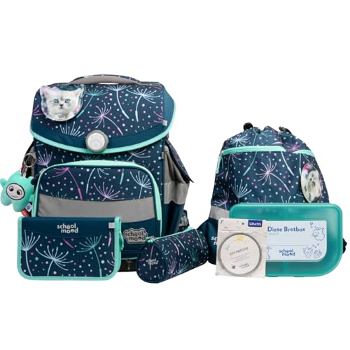 SCHOOL-MOOD Timeless Pro Schulranzenset 7-teilig 23,5L Stauraum, ergonomisches Easy Fit System für 1 m bis 1,50 m Körpergröße, standfest, wasserdichter Stoff mit Reflektoren (Lina Kätzchen) von SCHOOL-MOOD