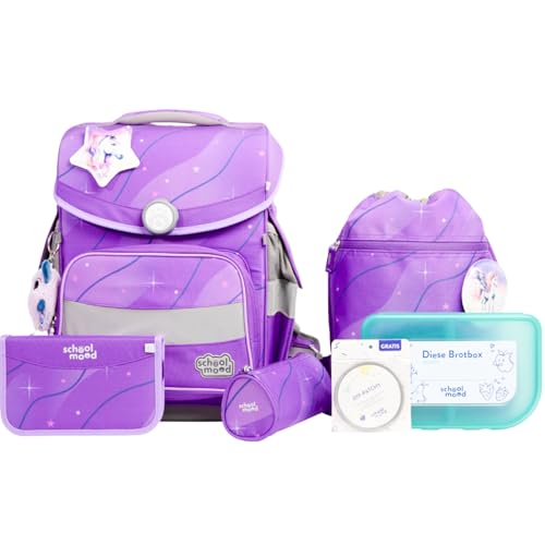 SCHOOL-MOOD Timeless Pro Schulranzenset 7-teilig 23,5L Stauraum, ergonomisches Easy Fit System für 1 m bis 1,50 m Körpergröße, standfest, wasserdichter Stoff mit Reflektoren (Marie Pegasus) von SCHOOL-MOOD