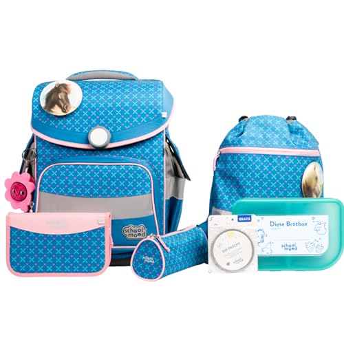 SCHOOL-MOOD Timeless Pro Schulranzenset 7-teilig 23,5L Stauraum, ergonomisches Easy Fit System für 1 m bis 1,50 m Körpergröße, standfest, wasserdichter Stoff mit Reflektoren (Mila Pferd) von SCHOOL-MOOD