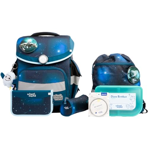 SCHOOL-MOOD Timeless Pro Schulranzenset 7-teilig 23,5L Stauraum, ergonomisches Easy Fit System für 1 m bis 1,50 m Körpergröße, standfest, wasserdichter Stoff mit Reflektoren (Moritz Weltall) von SCHOOL-MOOD