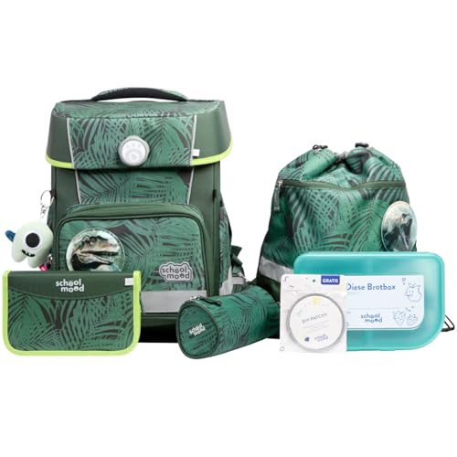 SCHOOL-MOOD Champion Pro Daniel Dinosaurier Schulranzenset 7-teilig 21,5L Stauraum, ergonomisches Easy Fit System für 1 m bis 1,50 m Körpergröße, standfest, wasserabweisender Stoff mit Reflektoren von SCHOOL-MOOD