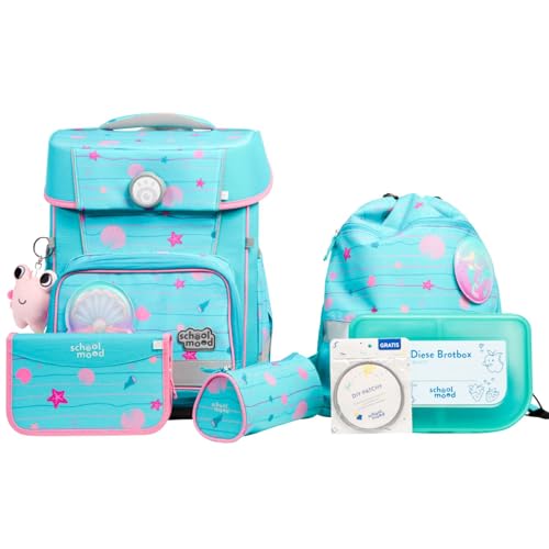 SCHOOL-MOOD Champion Pro Schulranzenset 7-teilig 21,5L Stauraum, ergonomisches Easy Fit System für 1 m bis 1,50 m Körpergröße, standfest, wasserabweisender Stoff mit Reflektoren (Lilly Meerjungfrau) von SCHOOL-MOOD