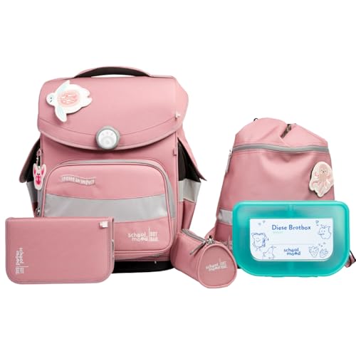 School-Mood Timeless Pro Schulranzenset 7-teilig 23,5L Stauraum, ergonomisches Easy Fit System für 1 m bis 1,50 m Körpergröße, standfest, wasserdichter Stoff mit Reflektoren (Axolotl Ocean Collection) von SCHOOL-MOOD