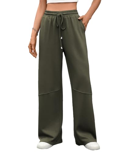 SCHOOLMOON Jogginghose Damen Baggy High Waist Weites Bein Sporthose Einfarbig Baumwolle Lang Bequeme Traininghose Mit Taschen(Grün,M) von SCHOOLMOON