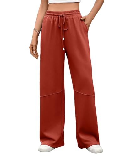 SCHOOLMOON Jogginghose Damen Baggy High Waist Weites Bein Sporthose Einfarbig Baumwolle Lang Bequeme Traininghose Mit Taschen(Orange,XXL) von SCHOOLMOON