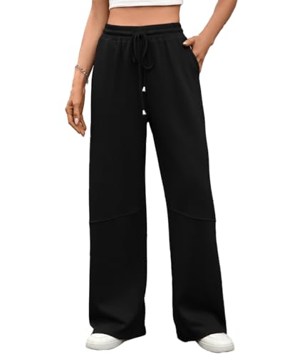 SCHOOLMOON Jogginghose Damen Baggy High Waist Weites Bein Sporthose Einfarbig Baumwolle Lang Bequeme Traininghose Mit Taschen(Schwarz,M) von SCHOOLMOON
