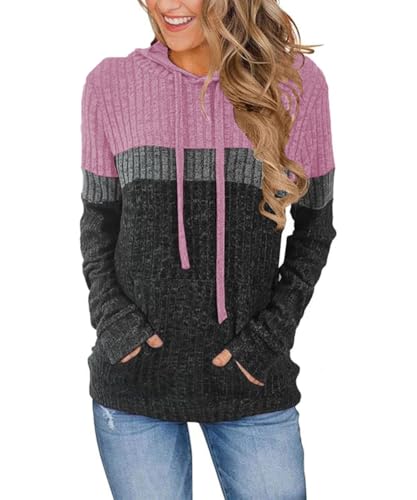SCHOOLMOON Pullover Damen Leichte Kapuzenpullover Lässig Langarmshirt Herbst Sweatshirt Patchwork Elegant Hoodie Mit Kapuze Und Tasch(Rosa,XL) von SCHOOLMOON