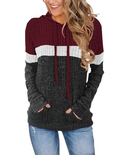 SCHOOLMOON Pullover Damen Leichte Kapuzenpullover Lässig Langarmshirt Herbst Sweatshirt Patchwork Elegant Hoodie Mit Kapuze Und Tasch(Rot,L) von SCHOOLMOON
