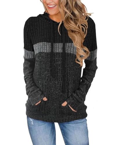 SCHOOLMOON Pullover Damen Leichte Kapuzenpullover Lässig Langarmshirt Herbst Sweatshirt Patchwork Elegant Hoodie Mit Kapuze Und Tasch(Schwarz,XL) von SCHOOLMOON