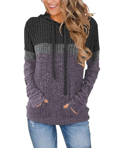 SCHOOLMOON Pullover Damen Leichte Kapuzenpullover Lässig Langarmshirt Herbst Sweatshirt Patchwork Elegant Hoodie Mit Kapuze Und Tasch(Violett,XL) von SCHOOLMOON