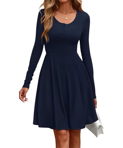 SCHOOLMOON Strickkleid Damen Langarm Rundhalsausschnitt Leichte Pulloverkleid Einfarbig Herbst Knielang Tunikakleid Knopf A-Linie Elegant Winterkleid Mit Taschen(Blau,S) von SCHOOLMOON