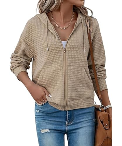 SCHOOLMOON Sweatjacke Damen Langarm Reißverschluss Waffelmuster Einfarbig Hoodie Herbst Casual Sport Leichte Kapuzenjacke Mit Taschen(Braun,M) von SCHOOLMOON