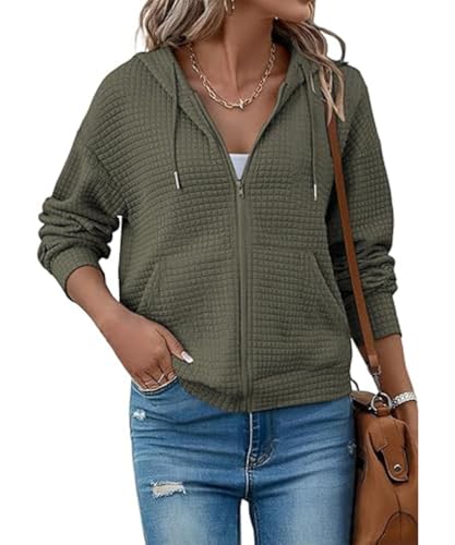 SCHOOLMOON Sweatjacke Damen Langarm Reißverschluss Waffelmuster Einfarbig Hoodie Herbst Casual Sport Leichte Kapuzenjacke Mit Taschen(Grün,L) von SCHOOLMOON