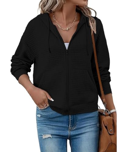 SCHOOLMOON Sweatjacke Damen Langarm Reißverschluss Waffelmuster Einfarbig Hoodie Herbst Casual Sport Leichte Kapuzenjacke Mit Taschen(Schwarz,L) von SCHOOLMOON