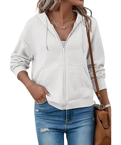SCHOOLMOON Sweatjacke Damen Langarm Reißverschluss Waffelmuster Einfarbig Hoodie Herbst Casual Sport Leichte Kapuzenjacke Mit Taschen(Weiß,S) von SCHOOLMOON