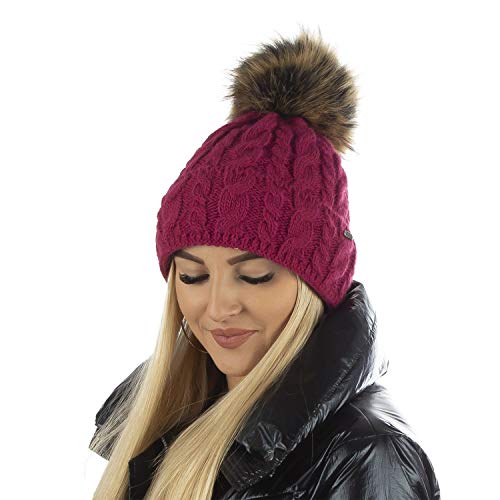 SCJ Damen Wintermütze warm gefüttert Fleece-Futter Bommelmütze Kunstfell-Bommel Winter Strickmütze Beanie-Mütze Erwachsener Damenmütze 15568 | Made in EU (Amarantrot) von SCJ