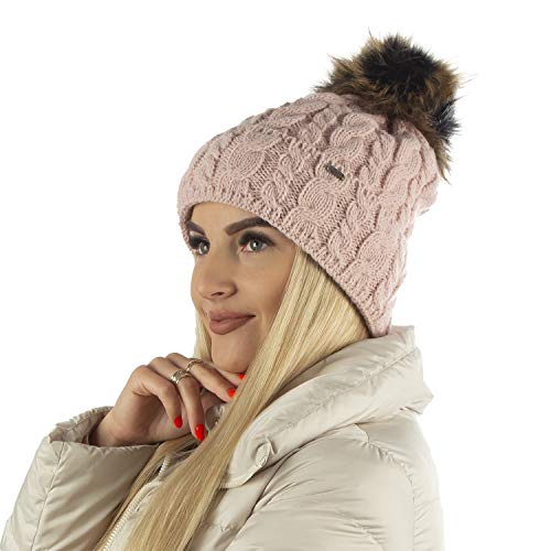 SCJ Damen Wintermütze warm gefüttert Fleece-Futter Bommelmütze Kunstfell-Bommel Winter Strickmütze Beanie-Mütze Erwachsener Damenmütze 15568 | Made in EU (Puderrosa) von SCJ