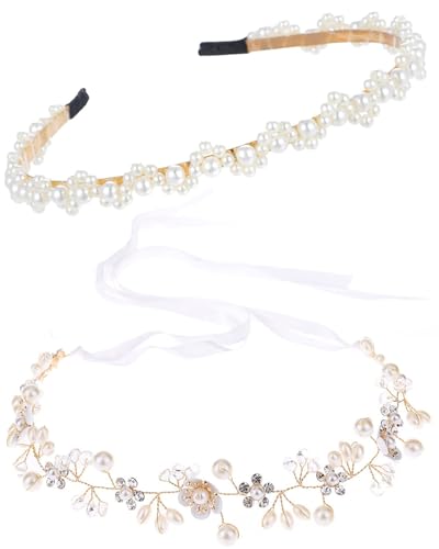 SCJJZ 2 pcs Haarreif Kommunion Mädchen,Prinzessin Blumenkranz Haar,haarschmuck kommunion,Weiße Perlen Haarreif Kopfbedeckung,Blumen Haarkranz mit Band,Passend für Braut Frauen,Schleier Braut Frauen von SCJJZ