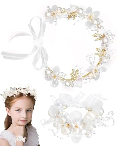 SCJJZ Haarschmuck Kommunion Mädchen,blumenkranz haare kinder,Hochzeit Blumenkranz Haare Stirnband Haarkranz Kopfschmuck Baby Kinder Damen mit Armband von SCJJZ
