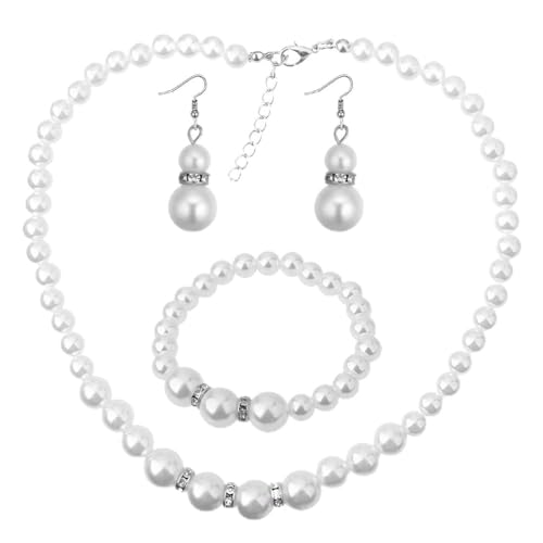 SCJJZ Ketten für Damen,Diamant-künstliche weiße Perlenkette, Ohrstecker, Armband, 3-teiliges Set von SCJJZ