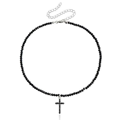SCJJZ Ketten für Damen,Kurze, dünne Halskette mit schwarzem Kristallperlen-Kreuzanhänger von SCJJZ
