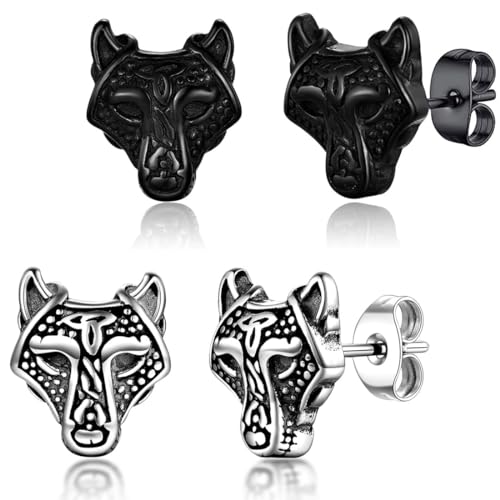 SCJJZ Ohrringe für Herren,Ohrringe für Damen,Domineering Wolf Head Edelstahl Ohrringe Retro Herren Ohrringe (2 Paar) von SCJJZ