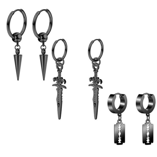 SCJJZ Ohrringe für Herren,Ohrringe für Damen,Schwarze Herren-Ohrclips, Ohrschnallen, Ohrstecker, Ohrringe, Edelstahl-Schmuckset (3 Paar) von SCJJZ