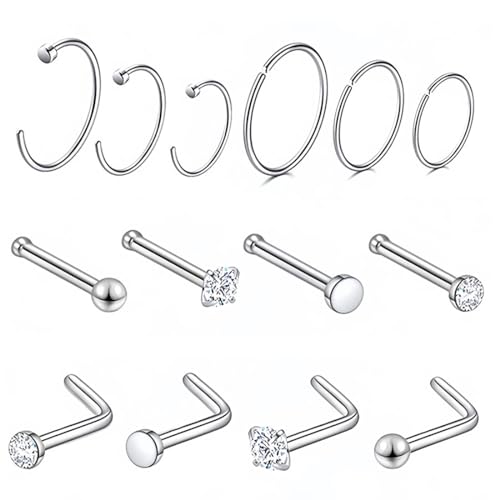 SCJJZ Piercing-Ringe,Piercing Diamant Nasennagel L-förmig gebogener Nasenring Körperpiercing Schmuck für Damen und Herren (14 Stück) von SCJJZ