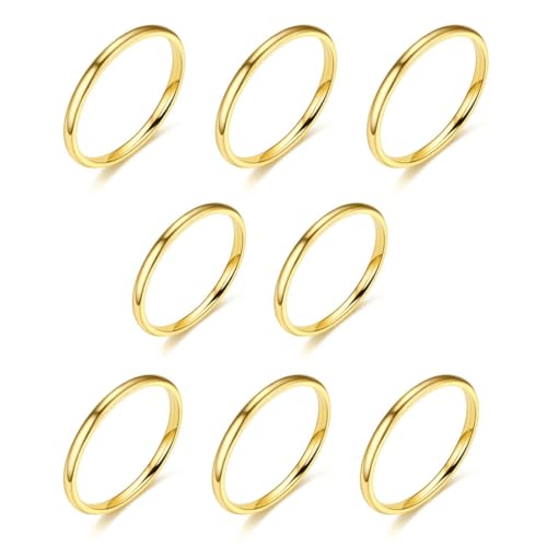 SCJJZ Ringe für Damen,8 Damenringe, 1,5 mm, stapelbar, mittelgroße Damenringe, dünnes Damenring-Set aus Edelstahl, Größen 5–12 (Gold) von SCJJZ