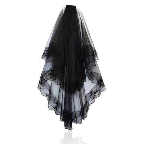 SCJJZ Schleier,Schwarzes langes Spitzenhochzeitskleid, Halloween-Brautschleier, schwarzer Gothic-Schleier für Damen 2-lagig, bestickter Schleier mit Kamm SCJJZ Schleier,Schwarzes langes Spitzenhochzeitskleid, Halloween-Brautschleier, schwarzer Gothic-Schleier für Damen 2-lagig, bestickter Schleier mit Kamm von SCJJZ