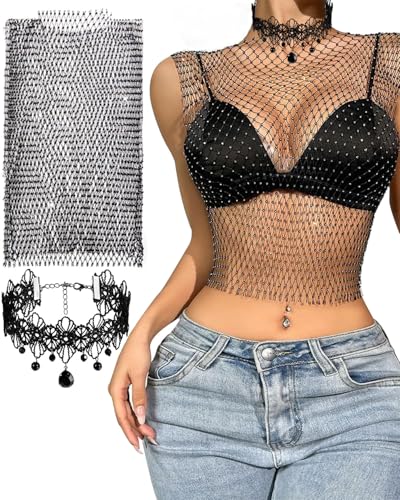 SCJJZ Sexy transparentes Mesh langärmeliges Top mit transparentem Paillettenhemd und einteiligem Hemd,Spitzenhalskette,Strass Glänzendes Mesh Körper Kette Tops,für Nachtclub Party Festival SCJJZ Sexy transparentes Mesh langärmeliges Top mit transparentem Paillettenhemd und einteiligem Hemd,Spitzenhalskette,Strass Glänzendes Mesh Körper Kette Tops,für Nachtclub Party Festival von SCJJZ