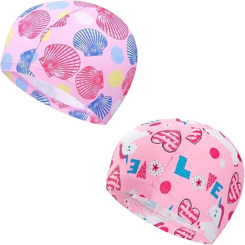 SCJJZ Badekappe mädchen,Badekappe mädchen Lange Haare,Badekappe Kinder,schwimmkappe Kinder,Badekappe,Jungen Mädchen Baby Kinder Cartoon Badekappe Stoff Badekappe (Rosa, Lila) von SCJJZ
